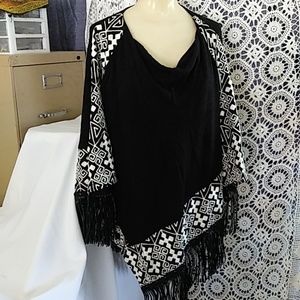 Black/White Fringed Poncho
